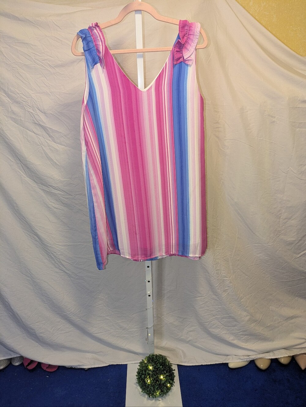 Pink Lily Striped Ruffle Shift Dress Summer Vacay Sleeveless Size M